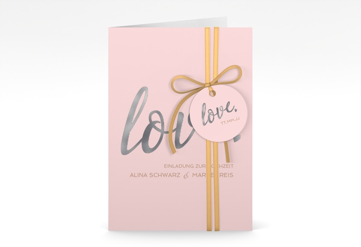 Einladungskarte Hochzeit Glam A6 Klappkarte hoch rosa silber