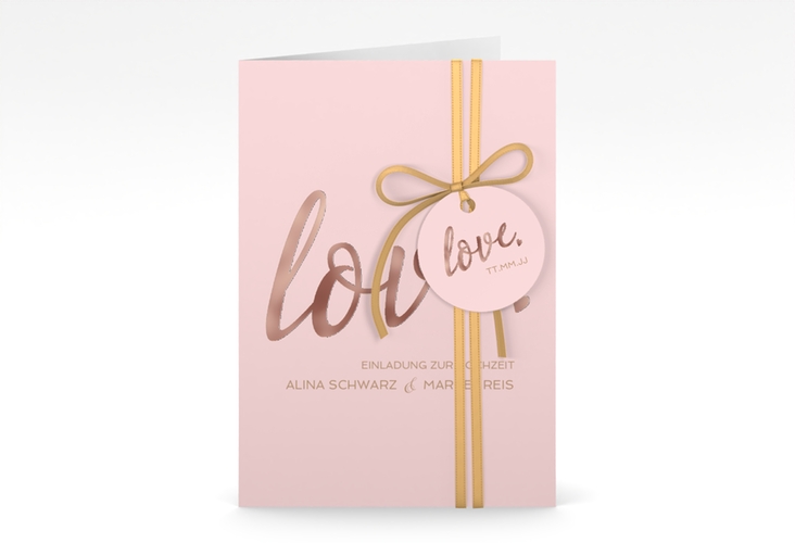 Einladungskarte Hochzeit Glam A6 Klappkarte hoch rosa rosegold