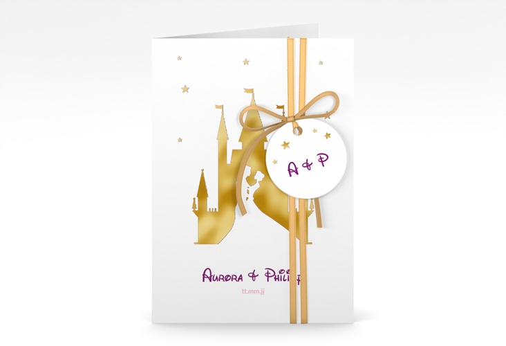 Einladungskarte Hochzeit Castle A6 Klappkarte hoch pink gold