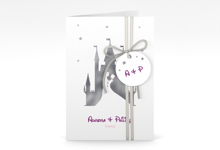 Einladungskarte Hochzeit Castle A6 Klappkarte hoch pink silber