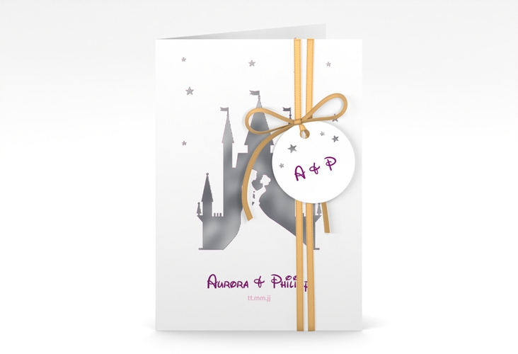 Einladungskarte Hochzeit Castle A6 Klappkarte hoch pink silber