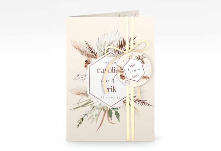 Einladungskarte Hochzeit Bohemian A6 Klappkarte hoch beige rosegold mit Gräsern und Trockenblumen für Boho-Hochzeit