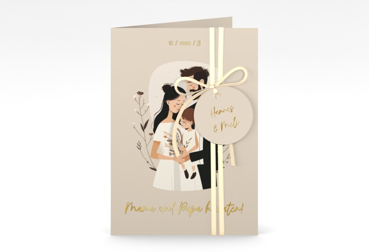 Einladungskarte Hochzeit Familienglück A6 Klappkarte hoch beige gold für Paare mit Kind