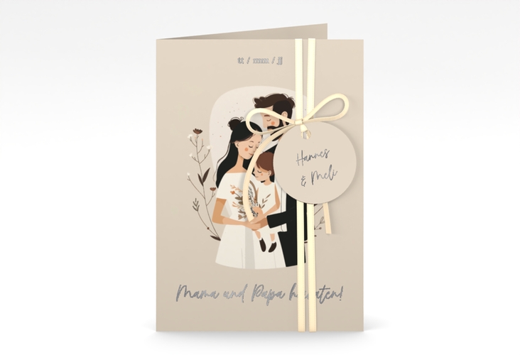 Einladungskarte Hochzeit Familienglück A6 Klappkarte hoch beige silber für Paare mit Kind