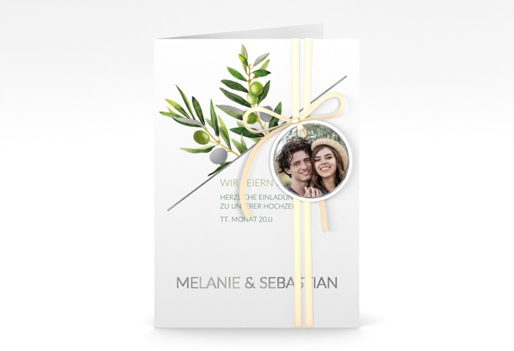 Einladungskarte Hochzeit Olivenzweig A6 Klappkarte hoch weiss silber