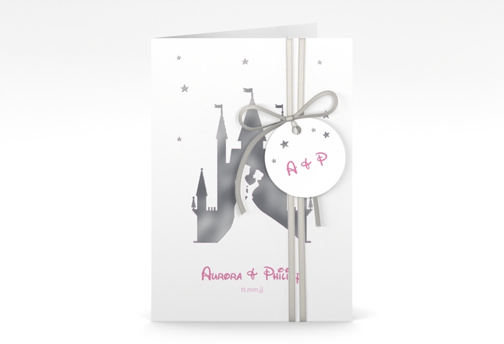 Einladungskarte Hochzeit Castle A6 Klappkarte hoch rosa silber