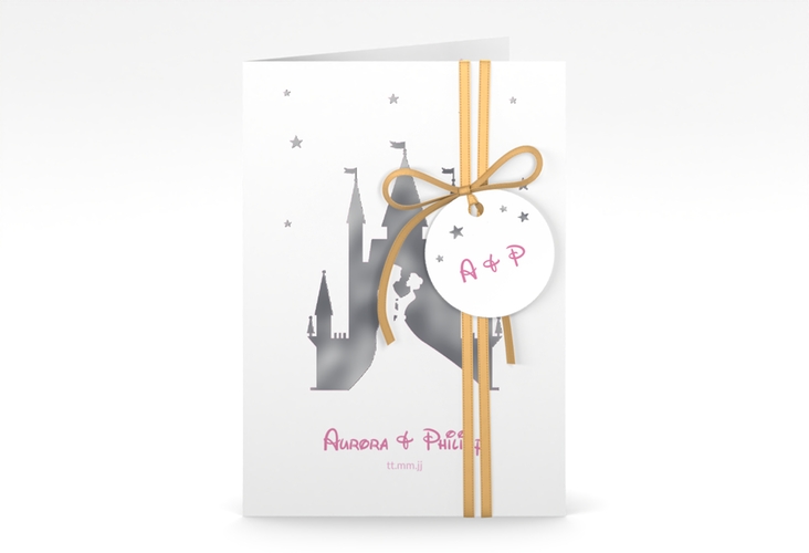 Einladungskarte Hochzeit Castle A6 Klappkarte hoch rosa silber