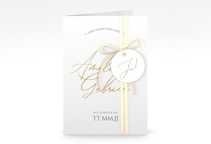 Einladungskarte Hochzeit Federschrift A6 Klappkarte hoch weiss gold in schlichtem Design mit Kalligrafie