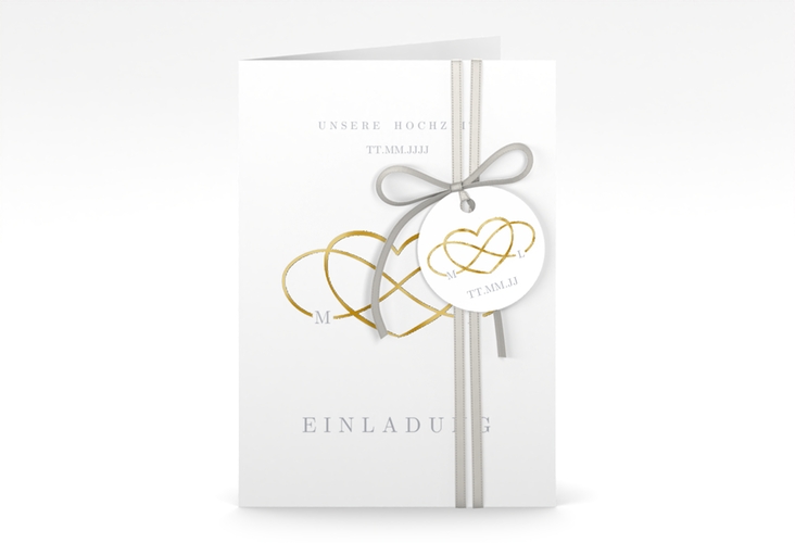 Einladungskarte Hochzeit Infinity A6 Klappkarte hoch grau gold