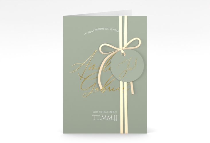 Einladungskarte Hochzeit Federschrift A6 Klappkarte hoch gruen gold in schlichtem Design mit Kalligrafie