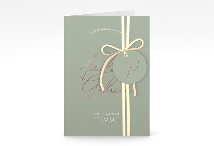 Einladungskarte Hochzeit Federschrift A6 Klappkarte hoch gruen rosegold in schlichtem Design mit Kalligrafie