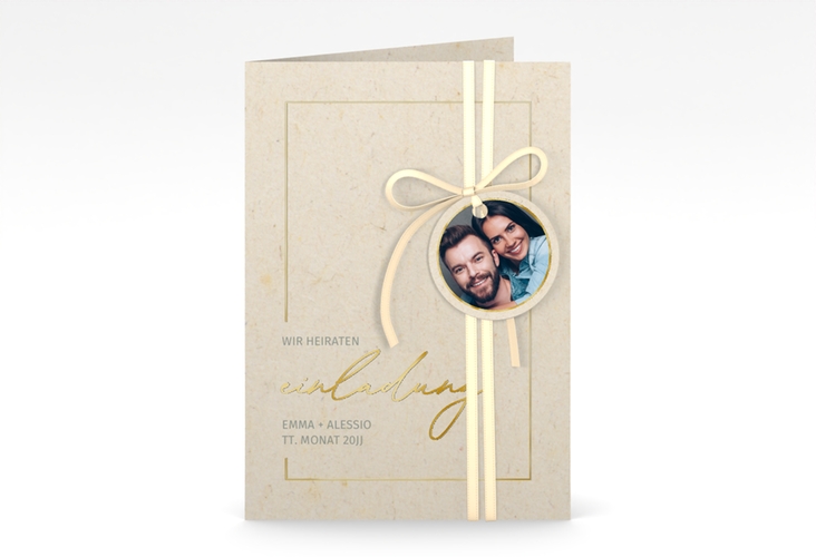 Einladungskarte Hochzeit Simple Line A6 Klappkarte hoch beige gold