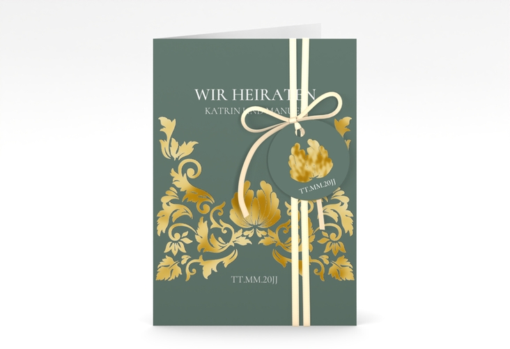 Einladungskarte Hochzeit Royal A6 Klappkarte hoch gruen gold mit barockem Blumen-Ornament