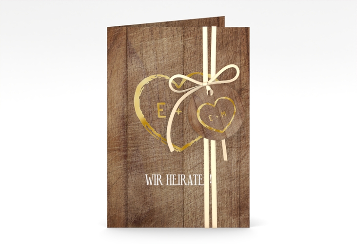 Einladungskarte Hochzeit Wood A6 Klappkarte hoch braun gold