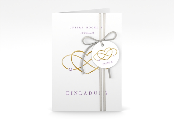 Einladungskarte Hochzeit Infinity A6 Klappkarte hoch lila gold