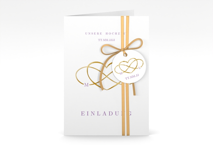Einladungskarte Hochzeit Infinity A6 Klappkarte hoch lila gold