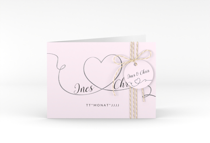 Hochzeitseinladung Dolce A6 Klappkarte quer rosa silber