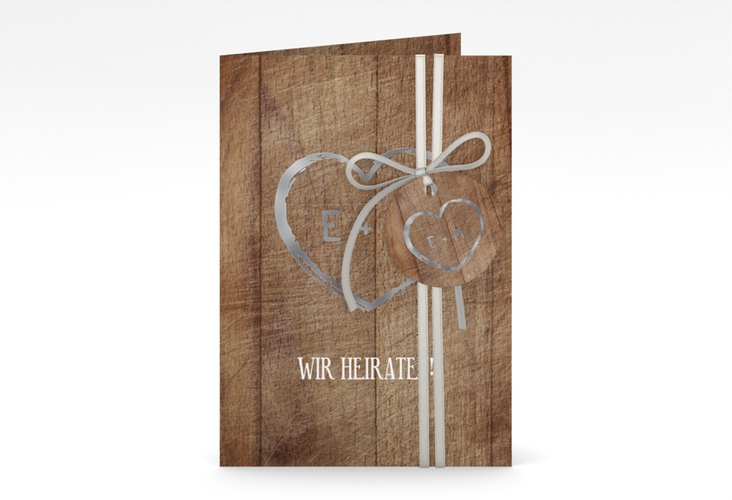 Einladungskarte Hochzeit Wood A6 Klappkarte hoch braun silber