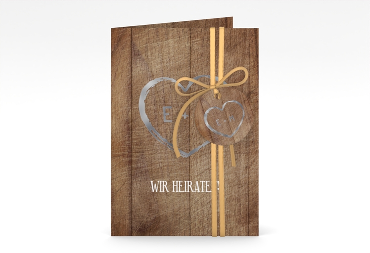 Einladungskarte Hochzeit Wood A6 Klappkarte hoch braun silber
