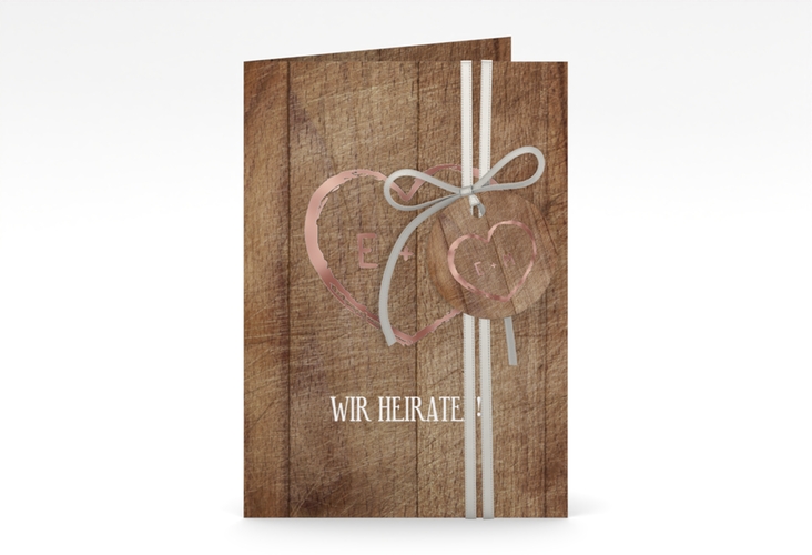Einladungskarte Hochzeit Wood A6 Klappkarte hoch braun rosegold
