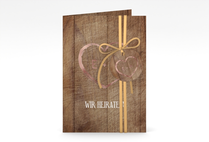 Einladungskarte Hochzeit Wood A6 Klappkarte hoch braun rosegold