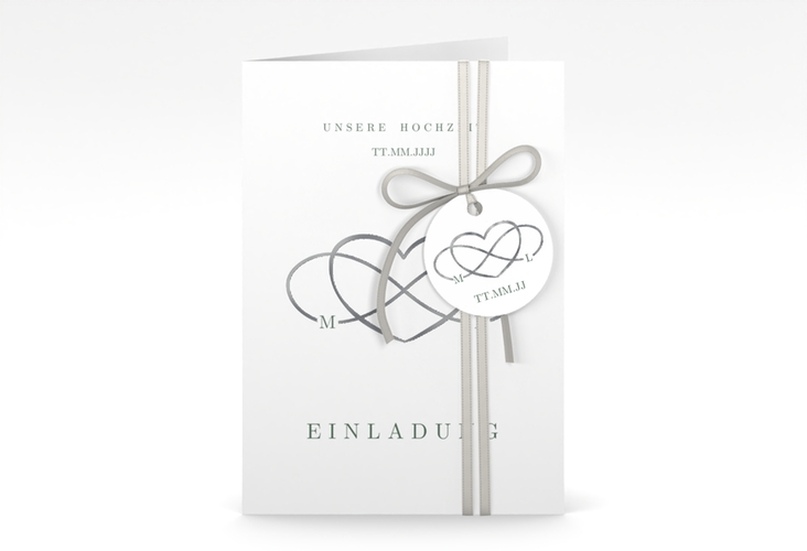 Einladungskarte Hochzeit Infinity A6 Klappkarte hoch gruen silber