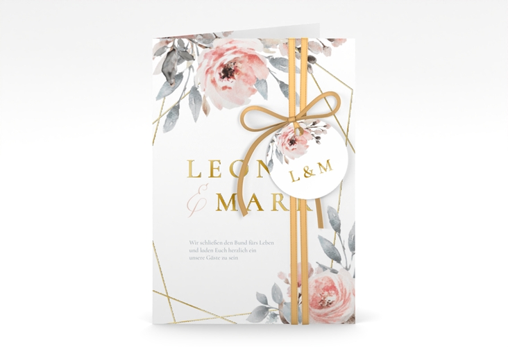 Einladungskarte Hochzeit Perfection A6 Klappkarte hoch weiss gold mit rosa Rosen