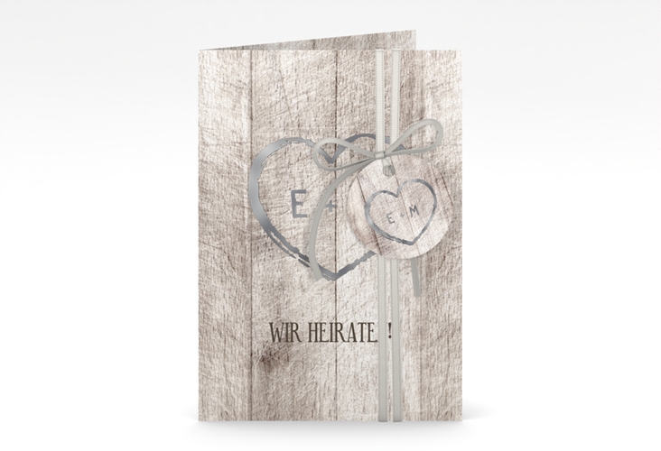Einladungskarte Hochzeit Wood A6 Klappkarte hoch weiss silber