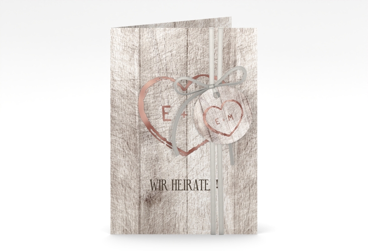 Einladungskarte Hochzeit Wood A6 Klappkarte hoch weiss rosegold