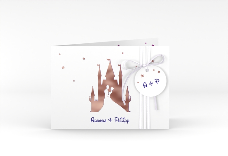 Hochzeitseinladung Castle A6 Klappkarte quer lila rosegold