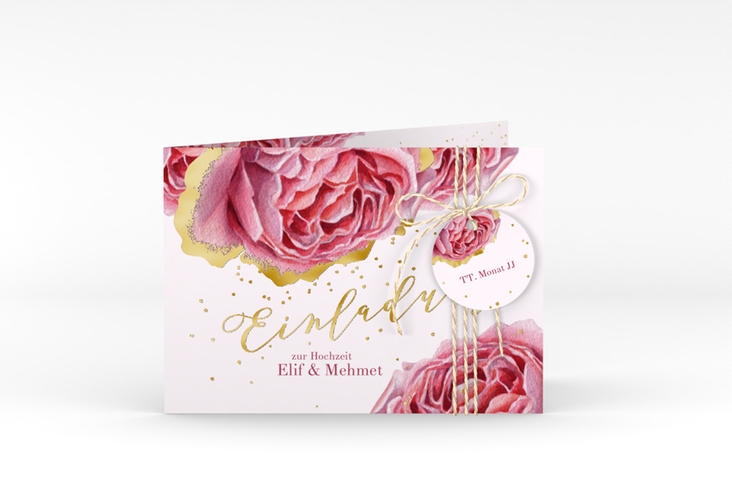 Hochzeitseinladung Cherie A6 Klappkarte quer rosa gold