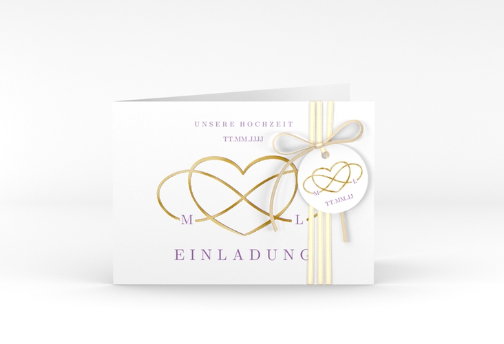 Hochzeitseinladung Infinity A6 Klappkarte quer lila gold