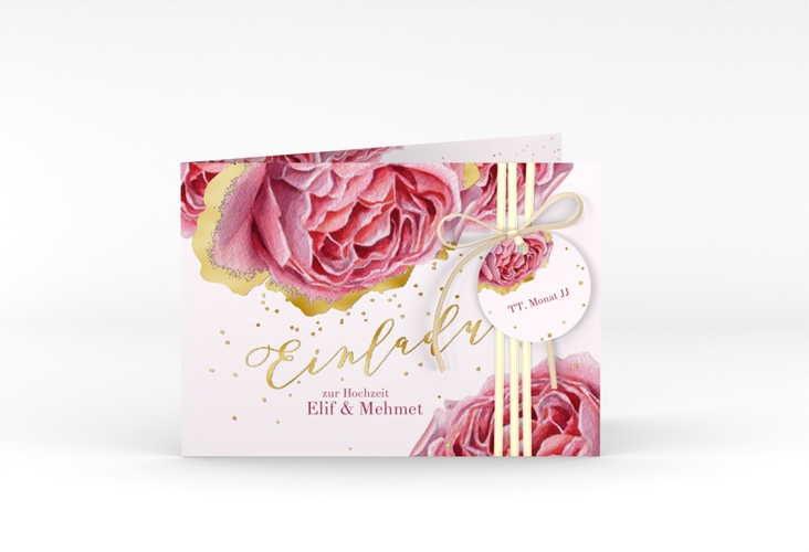Hochzeitseinladung Cherie A6 Klappkarte quer rosa gold