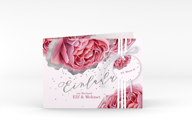 Hochzeitseinladung Cherie A6 Klappkarte quer rosa silber