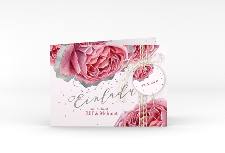Hochzeitseinladung Cherie A6 Klappkarte quer rosa silber