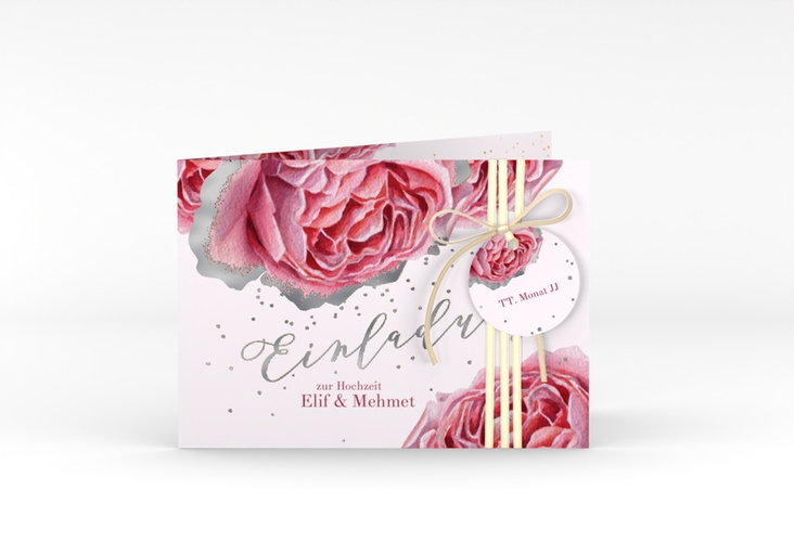 Hochzeitseinladung Cherie A6 Klappkarte quer rosa silber