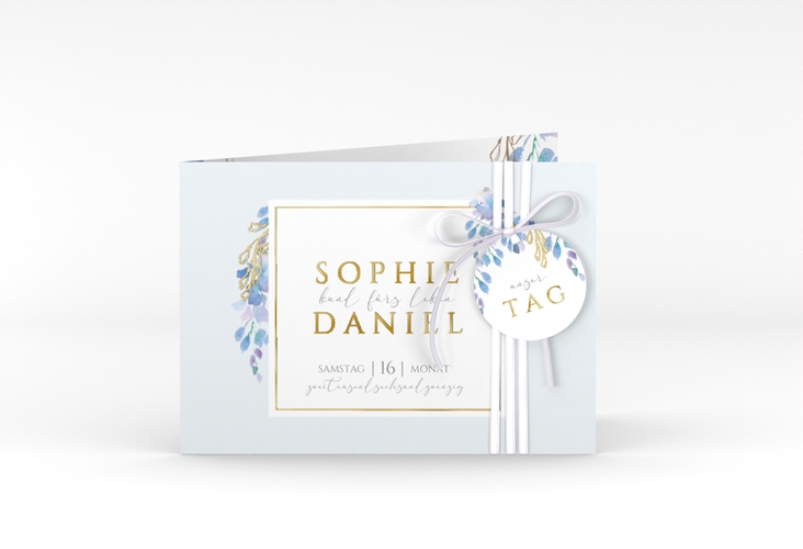 Hochzeiteinladung Blauregen A6 Klappkarte quer blau gold mit Wisteria-Blüten