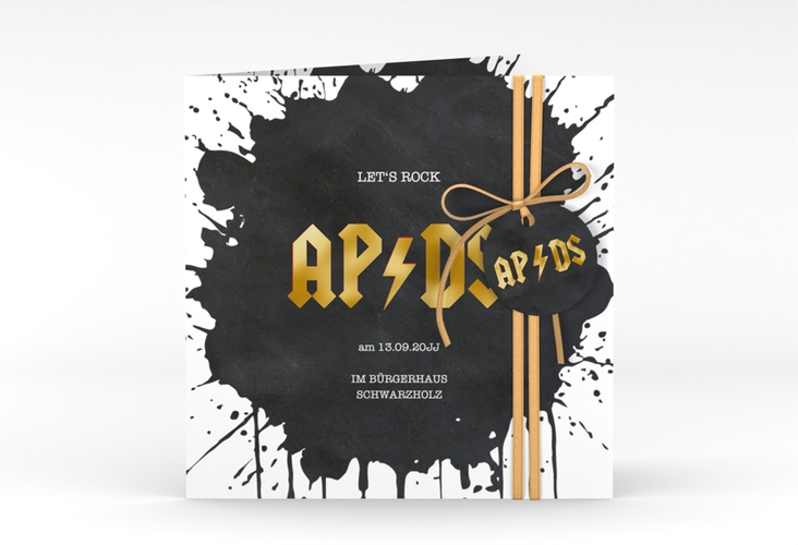 Hochzeitseinladung Hardrock quadr. Klappkarte schwarz gold für Rockband-Fans