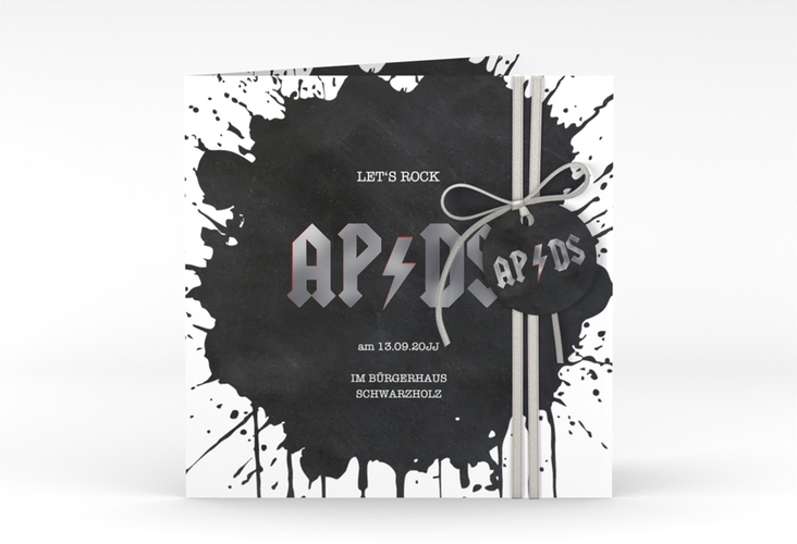 Hochzeitseinladung Hardrock quadr. Klappkarte schwarz silber für Rockband-Fans
