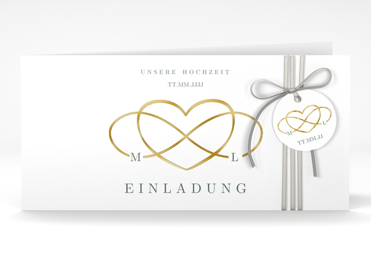 Hochzeitseinladung Infinity lange Klappkarte quer gruen gold