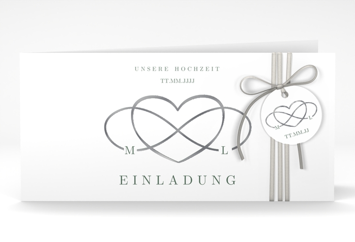 Hochzeitseinladung Infinity lange Klappkarte quer gruen silber