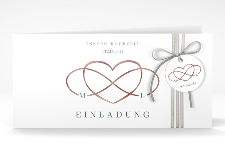 Hochzeitseinladung Infinity lange Klappkarte quer gruen rosegold