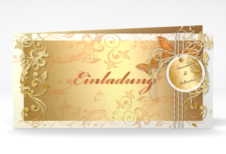 Hochzeitseinladung Toulouse lange Klappkarte quer orange gold