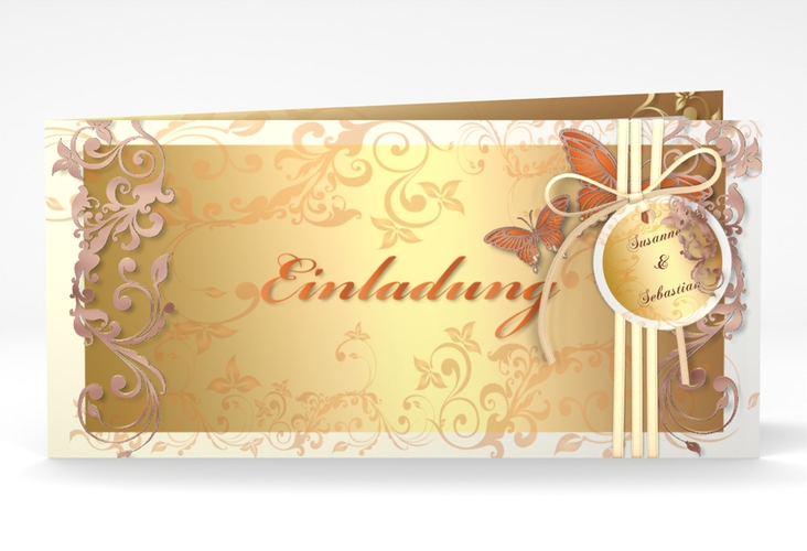 Hochzeitseinladung Toulouse lange Klappkarte quer orange rosegold