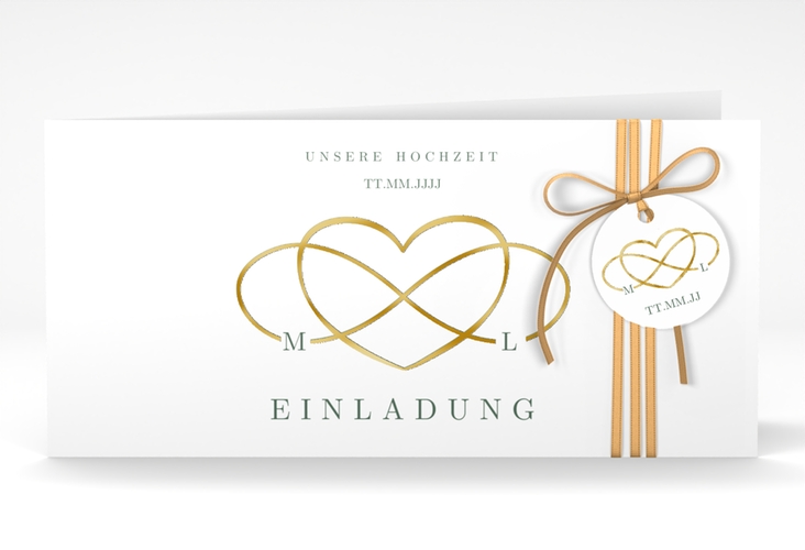 Hochzeitseinladung Infinity lange Klappkarte quer gruen gold