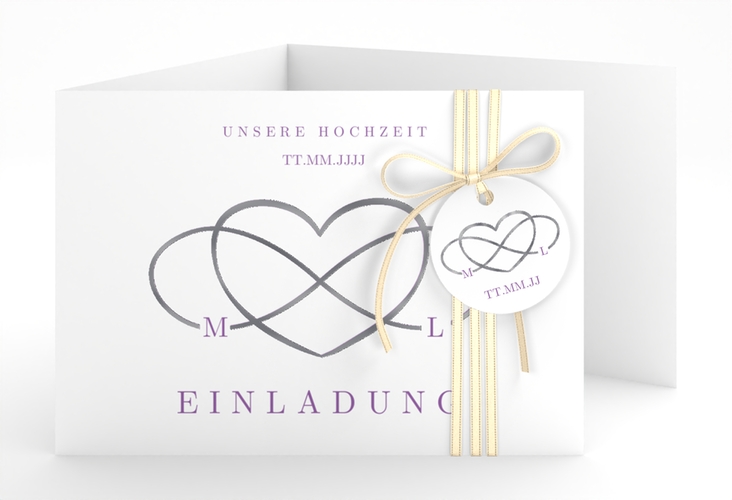 Hochzeitseinladung Infinity A6 Doppel-Klappkarte lila silber