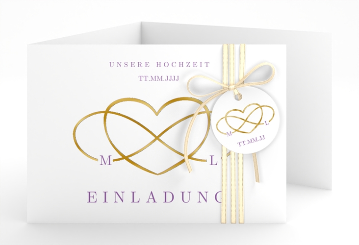 Hochzeitseinladung Infinity A6 Doppel-Klappkarte lila gold