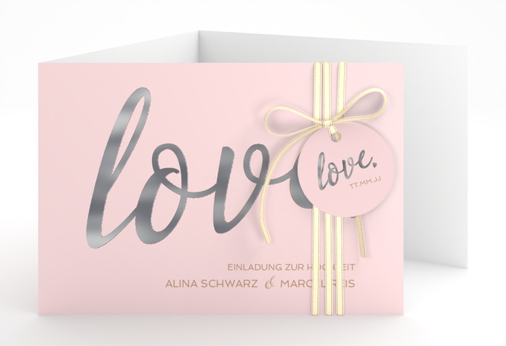 Hochzeitseinladung Glam A6 Doppel-Klappkarte rosa silber
