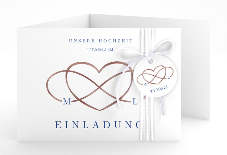Hochzeitseinladung Infinity A6 Doppel-Klappkarte blau rosegold