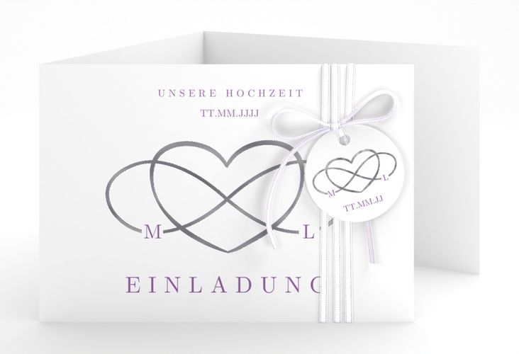 Hochzeitseinladung Infinity A6 Doppel-Klappkarte lila silber
